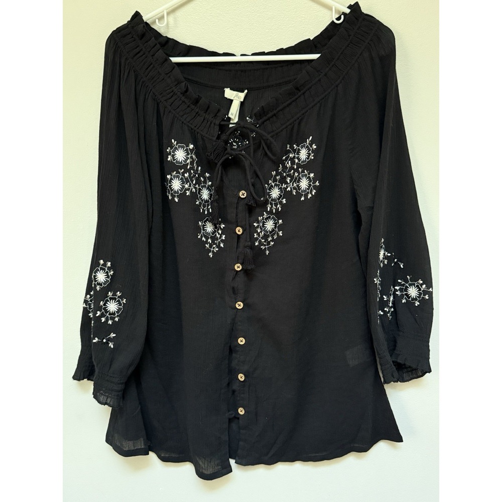Joie Black Embroidered Button Top Crepe Womens Medium Boho Peasant